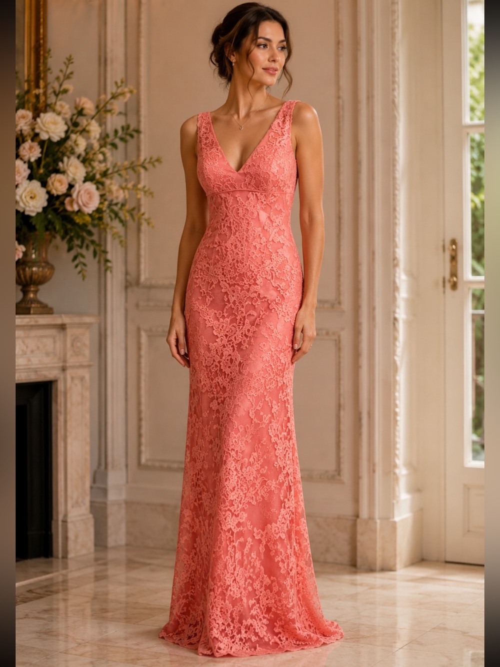 Aidan Mattox coral lace v neck mother of bride column dress